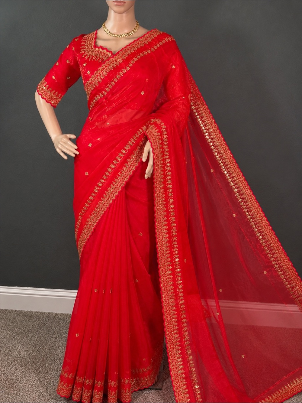Red Embroidered Jimmy Choo Saree with stitched blouse (Brand New)
